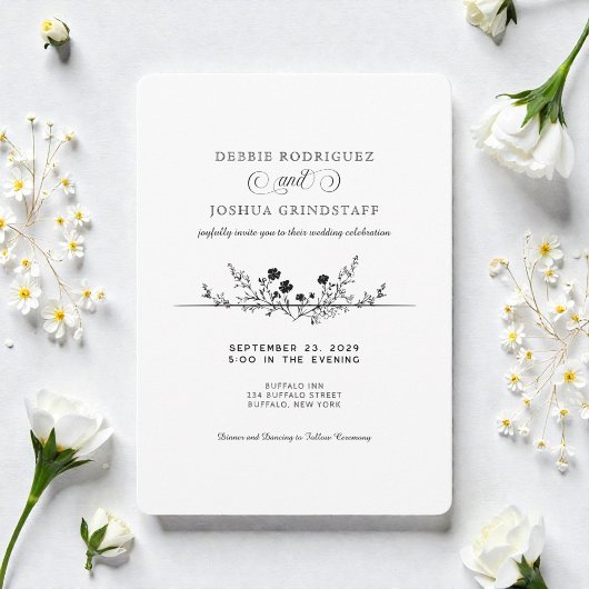 Simplistic Black White Floral Wedding Invitation  招待状