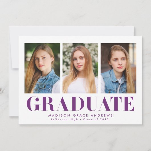 Simply はっきりした Purple 3写真卒業パーティー 招待状 (正面)