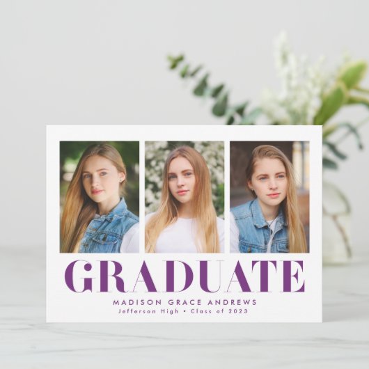 Simply はっきりした Purple 3写真卒業パーティー 招待状 (スタンド正面)