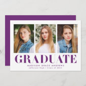 Simply はっきりした Purple 3写真卒業パーティー 招待状 (正面/裏面)