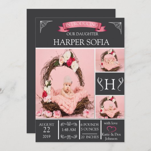 Simply エレガント Baby Garl Birth Announcement（単にBaby G 招待状 (正面/裏面)