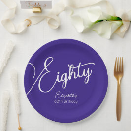 Simply モダン Script Purple 80th Birthdayパーティー ペーパープレート