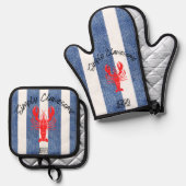 "SIMPLY CLAWESOME"デニムロブスターに赤いストライプ 鍋つかみ&鍋敷きセット (正面/裏面)