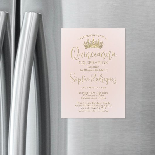 Simply Elegant Quinceañera Crown Blush Pink & Gold マグネット招待状
