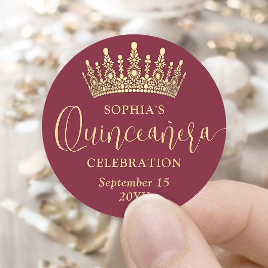 Simply Elegant Quinceañera Crown Burgundy and Gold ラウンドシール