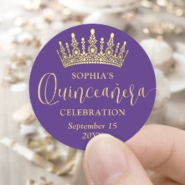 Simply Elegant Quinceañera Crown Purple and Gold ラウンドシール