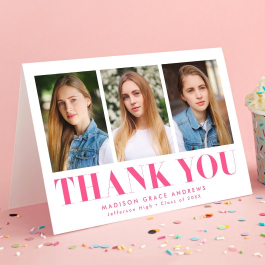 Simply Hot はっきりした Pink 3写真卒業 サンキューカード