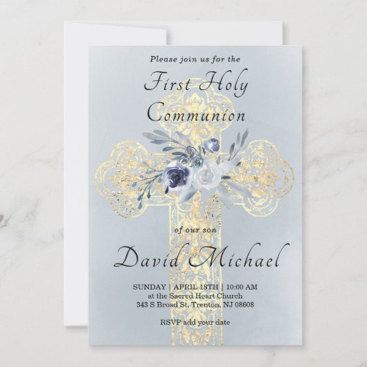 simulated gold foil Holy Cross First Communion 招待状 (正面)