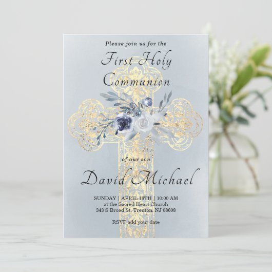 simulated gold foil Holy Cross First Communion 招待状 (スタンド正面)