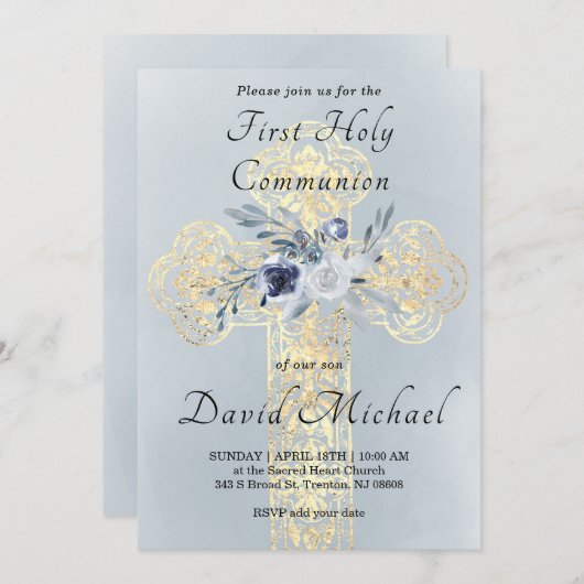 simulated gold foil Holy Cross First Communion 招待状 (正面/裏面)