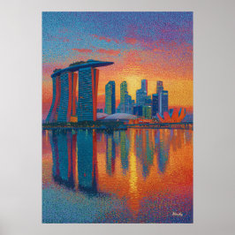 Singapore Marina Bay Sands Pointillism Skyline ポスター