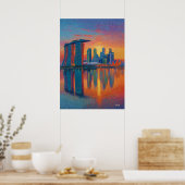 Singapore Marina Bay Sands Pointillism Skyline ポスター (キッチン)