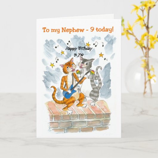 Singing Cats 9th Fun Birthday Card for a Nephew カード (黄色い花)