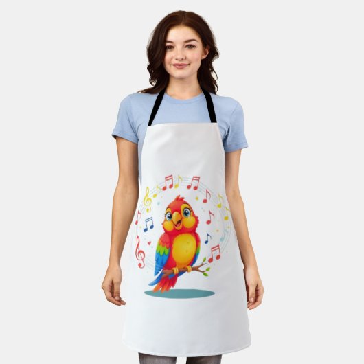 **Singing Parrot – Cute Parrot Singing Illustratio エプロン (着用した状態)