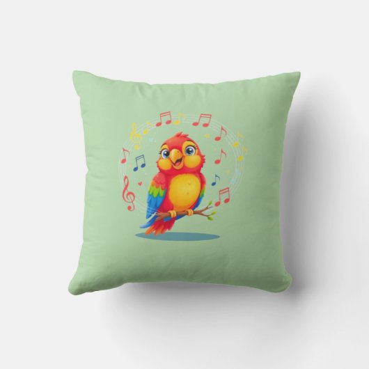 **Singing Parrot – Cute Parrot Singing Illustratio クッション (裏面)