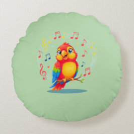 **Singing Parrot – Cute Parrot Singing Illustratio ラウンドクッション
