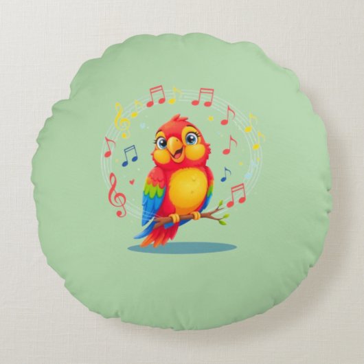 **Singing Parrot – Cute Parrot Singing Illustratio ラウンドクッション (正面)