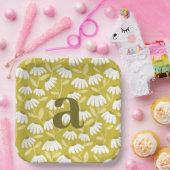 Single Letter Monogram Olive Green Floral Pattern ペーパープレート (パーティー)