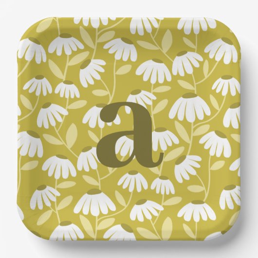 Single Letter Monogram Olive Green Floral Pattern ペーパープレート (正面)