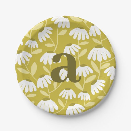 Single Letter Monogram Olive Green Floral Pattern ペーパープレート (正面)