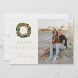 Single Photo Monogram Pine Wreath Simple Holiday シーズンカード