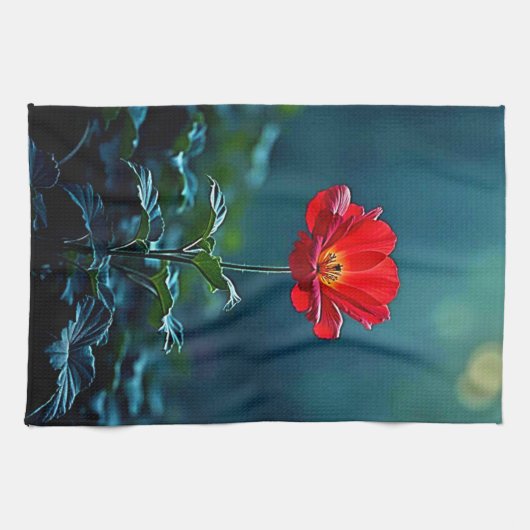 Single Red Bloom Focus Design キッチンタオル (横)
