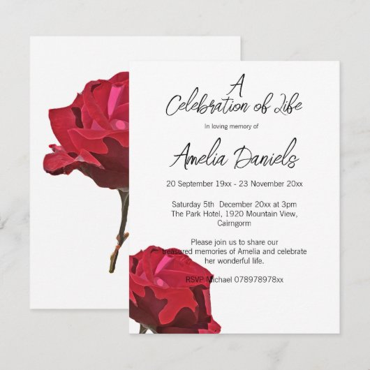 Single Red Rose Celebration of Life Card 招待状 (正面/裏面)