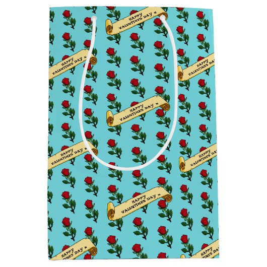 Single Red Rose Happy Valentine's Day 80s Retro ミディアムペーパーバッグ (正面)