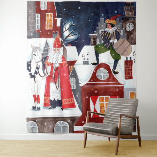 Sinterklaas Night Village Dutch Holiday Wall タペストリー