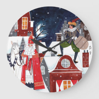Sinterklaas Night Village Dutch Holiday Wall Clock ラージ壁時計
