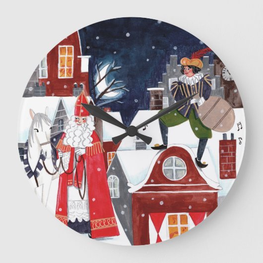 Sinterklaas Night Village Dutch Holiday Wall Clock ラージ壁時計 (正面)