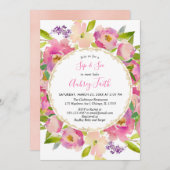 sipとシーベビーガール赤面ピンクパステルフローラ 招待状 (正面/裏面)