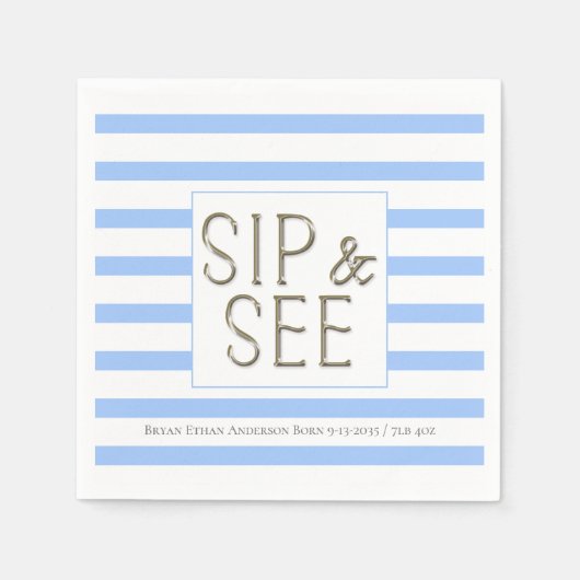 SipとパーソナライズされたSee Blue男の赤ちゃんストライプの スタンダードカクテルナプキン (正面)