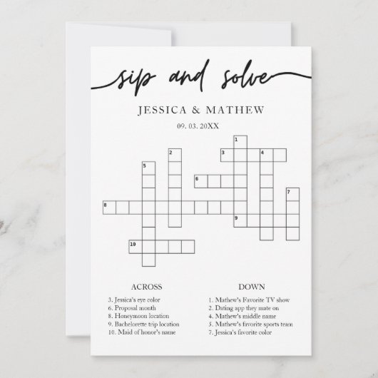 SipとパーソナライズされたSolveブライダルシャワーCrossword 招待状 (正面)