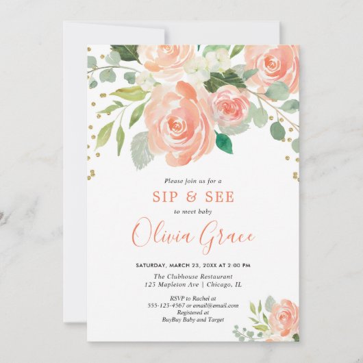 sipと参照フローラの水の色の緑の女の子ベビー 招待状 (正面)