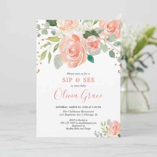 sipと参照フローラの水の色の緑の女の子ベビー 招待状 (スタンド正面)