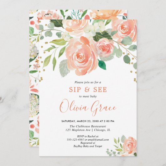 sipと参照フローラの水の色の緑の女の子ベビー 招待状 (正面/裏面)