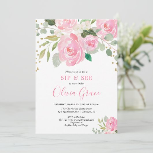 sipと参照フローラの水色赤面ピンクのバラ 招待状 (スタンド正面)