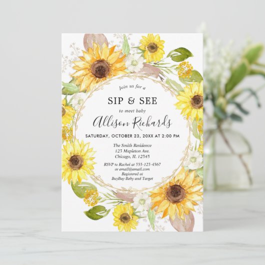 sipと参照ベビーガールひまわり黄色のベビーシャワー 招待状 (スタンド正面)