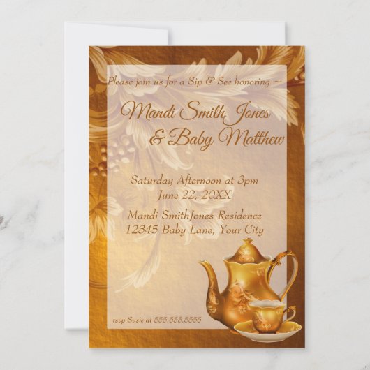 Sipと参照ベビーシャワー懐かしい金ゴールド茶パーティー 招待状 (裏面)