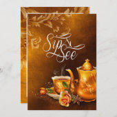 Sipと参照ベビーシャワー懐かしい金ゴールド茶パーティー 招待状 (正面/裏面)
