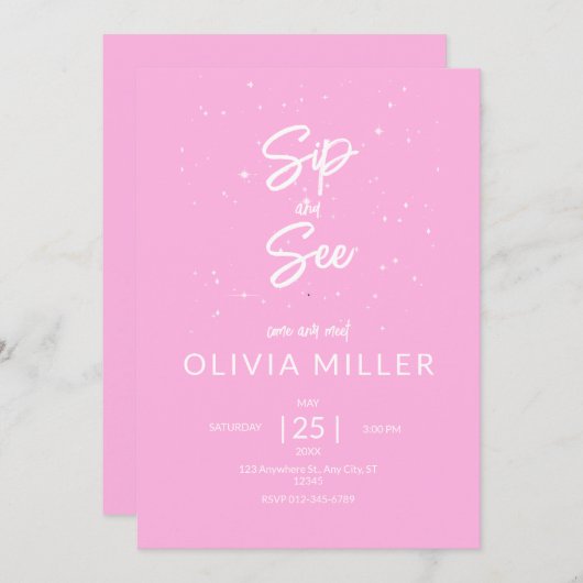 Sipと参照ベビーシャワー、女の子のベビーシャワー 招待状 (正面/裏面)