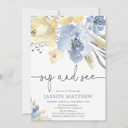sipと参照男の赤ちゃん、ほこりっぽい青い黄色のフローラ 招待状 (正面)