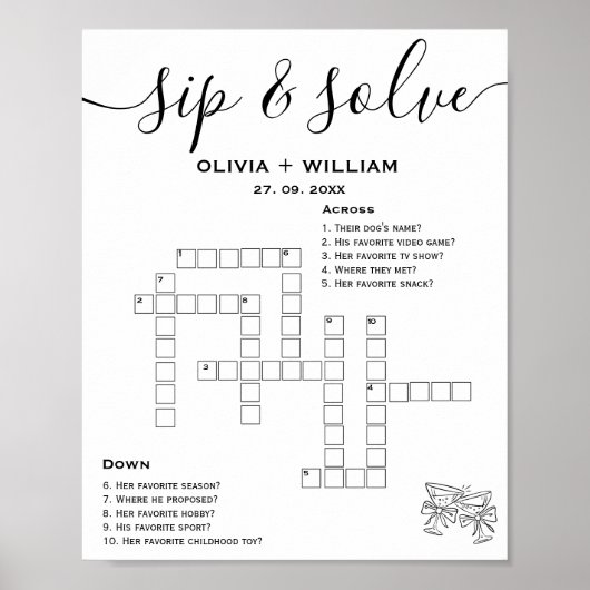 Sipと解決カスタムウェディングクロスワードパズル ポスター (正面)