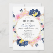 sipとSeeベビーガール海軍ブルー赤面ピンク金ゴールド 招待状 (正面)