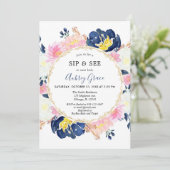 sipとSeeベビーガール海軍ブルー赤面ピンク金ゴールド 招待状 (スタンド正面)