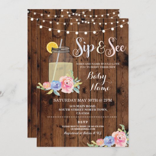 sipとseeベビーシャワーフローラウッド素朴招待状 招待状 (正面/裏面)