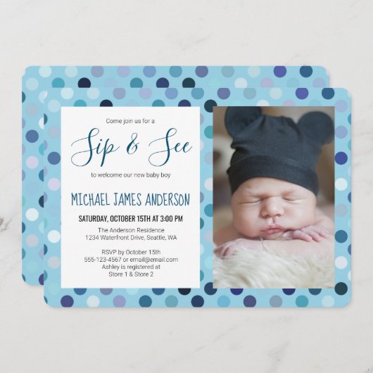 Sipとsee男の赤ちゃんフォトブルー水玉模様 招待状 (正面/裏面)