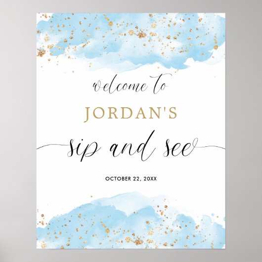 SipとSee青い金ゴールドの水色の歓迎サイン ポスター (正面)