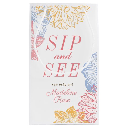 SipとSee Baby Showerラベルのモダンフローラ スモールペーパーバッグ (裏面)